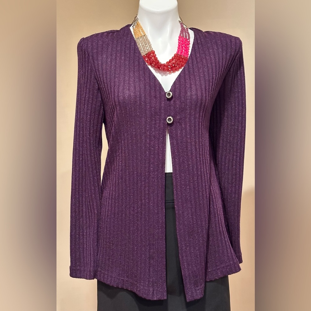 K Studio Purple 2 Button Cardigan Jacket SZ 10 With Shoulder Pads Good Condition